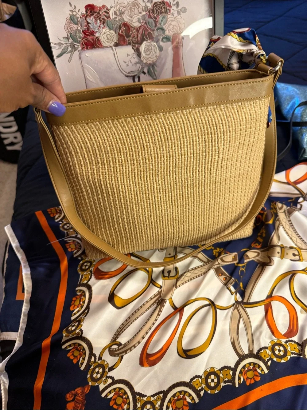 Fossil Tan Woven Tote with Navy Scarf Accent
